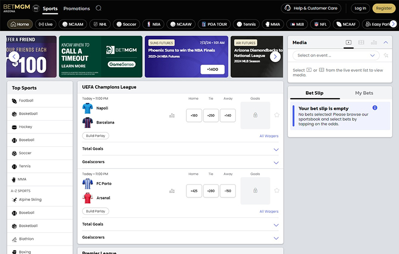 The BetMGM user interface.